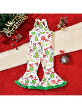 Girls Christmas Party Outfit Furry Trim Printed Flare Bib Overalls
